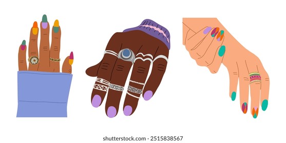 Set of different Female hands with modern manicure