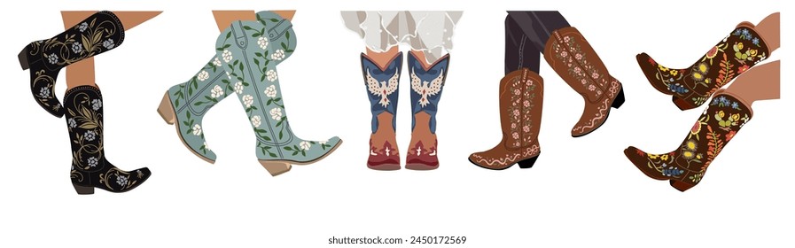 Set of different female legs in cowgirl boots. 