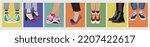 Set of different female legs wearing trendy shoes and boots colored vector flat realistic illustration. Cartoon fashionable footwear collection. Modern stylish foot accessory. All elements isolated.