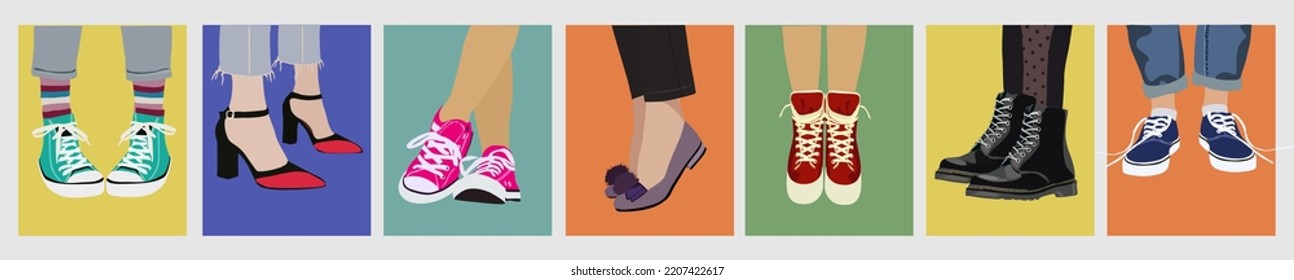 Set of different female legs wearing trendy shoes and boots colored vector flat realistic illustration. Cartoon fashionable footwear collection. Modern stylish foot accessory. All elements isolated.