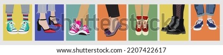 Set of different female legs wearing trendy shoes and boots colored vector flat realistic illustration. Cartoon fashionable footwear collection. Modern stylish foot accessory. All elements isolated.