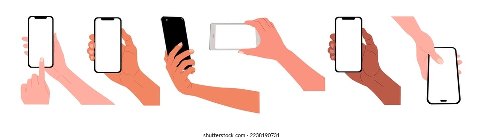 Set of different female and male hands holding smart phones. Mockup of diverse mobile phones with copy space. Flat vector realistic illustrations isolated on white background
