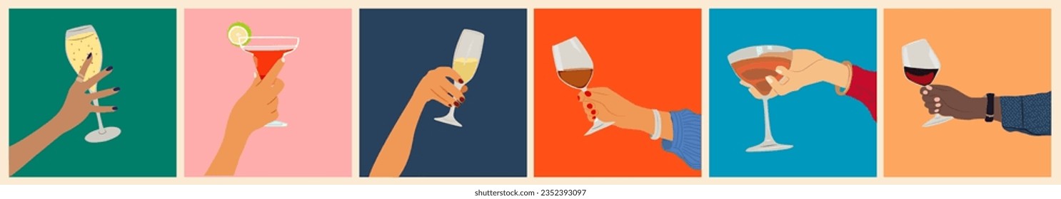 Set of different female, male hands holding glass of Champagne, sparkling wine, cocktail. Vector illustration isolated on colorful background. Celebration concept. Christmas, New Year, Birthday card