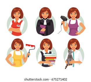 Set of different female occupations. Seller judge, hairdresser, painter, veterinarian, teacher. Vector illustration