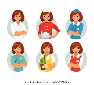 Set Of Different Female Occupations. Specialist Call Center, Cook, Stewardess, Doctor, Gardener, Saleswoman. Vector Illustration