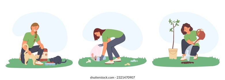 Set of different female volunteers care of nature and animals. Lady in uniform feeding cats, helping to homeless pets. Woman collecting garbage, worker planting tree. Flat vector illustration