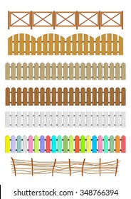 Set of different fences. Set of brightly colored, wooden cartoon low fences in vintage style.