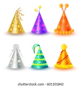 Set of different festive caps in cartoon style on white background. Triangular hood various colors gold purple silver orange green yellow with buboes and stars vector illustration flat design