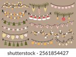 A set of different festive garlands, baubles, bulbs for Christmas and other holidays. Vector hand-drawn illustration in flat style. Suitable for season and celebratory decor.