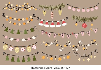 A set of different festive garlands, baubles, bulbs for Christmas and other holidays. Vector hand-drawn illustration in flat style. Suitable for season and celebratory decor.