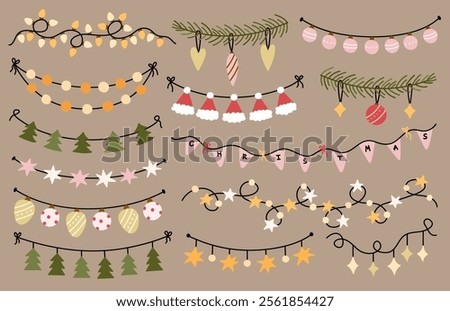 A set of different festive garlands, baubles, bulbs for Christmas and other holidays. Vector hand-drawn illustration in flat style. Suitable for season and celebratory decor.