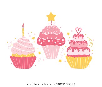 Set of different festive pink cupcakes isolated on a white background. Holiday cake for a wedding, birthday, anniversary. Elements for greeting card in cartoon style. Hand drawn vector illustration