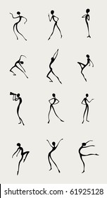 set of different figures moving in silhouette - dancing, posing, sitting, using spyglass