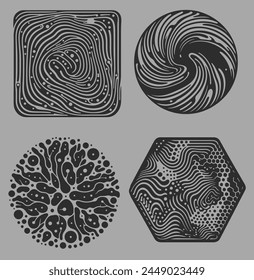 A set of different figures with a psychedelic trippy pattern resembling ink blots and smudges. Perfect for illustrations on scientific and technical themes.