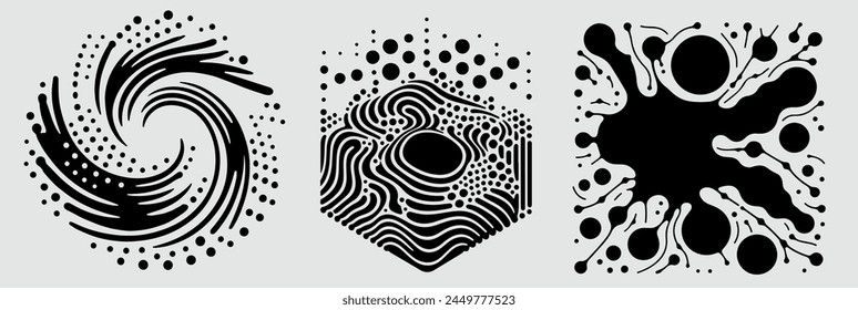 A set of different figures with a psychedelic trippy pattern resembling ink blots and smudges. Perfect for illustrations on scientific and technical themes.