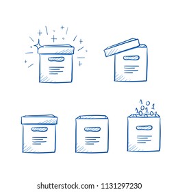 Set of different file boxes, open, closed, with digits, and sparkles. Icons for digital and analog file archives or client's data. Hand drawn line art cartoon vector illustration