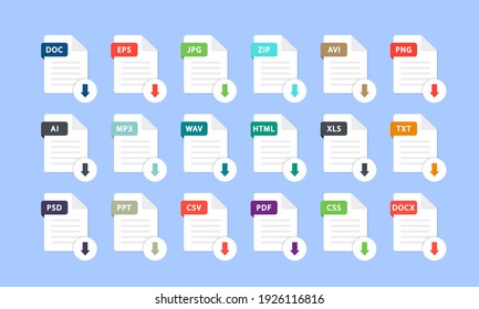 Set of different file formats. Download file. File with and a down arrow sign. Loading document concept. Download buttons for web site or app. Document types in flat style: pdf, doc, png, jpg, psd.