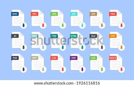 Set of different file formats. Download file. File with and a down arrow sign. Loading document concept. Download buttons for web site or app. Document types in flat style: pdf, doc, png, jpg, psd.