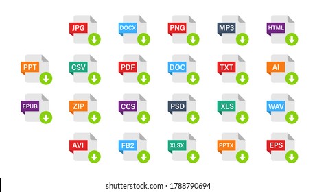 Set of different file formats. File extensions icons. Download buttons for web site or app. Data. Vector set.