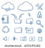 Set with different file sharing icons, as cloud, file folder, media icons, tools, zoom and lock. Hand drawn line art cartoon vector illustration.