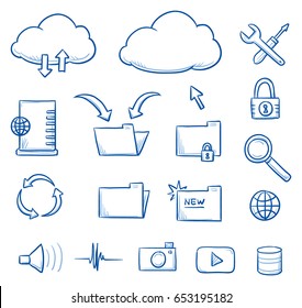 Defina com diferentes ícones de compartilhamento de arquivos, como nuvem, pasta de arquivos, ícones de mídia, ferramentas, zoom e bloqueio. Ilustração vetorial de desenhos animados de arte de linha desenhada à mão