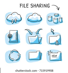 Set with different file sharing icons, as clouds, file folder, server, tools, and data blocks. Hand drawn sketch vector illustration, blue marker style coloring on single blue tiles.