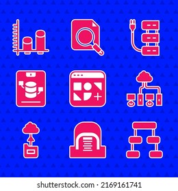 Set Different files, Hangar with servers, Hierarchy organogram chart, Computer network, Cloud technology data transfer, Server, Data, Web Hosting,  and analysis icon. Vector