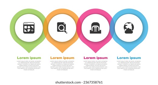 Set Different files, Search concept with folder, Hangar servers and Social network. Business infographic template. Vector