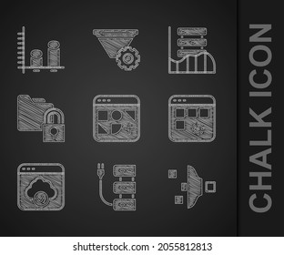 Set Different files, Server, Filter setting, Loading data window, Cloud technology transfer, Folder and lock, Data, Web Hosting and analysis icon. Vector