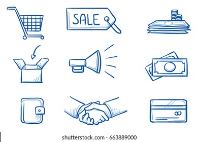 Set with different finannce and shopping icons, as money, credit card, shaking hands, purse, box, shopping cart, megaphone and hang tag. Hand drawn line art cartoon vector illustration.