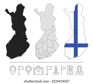 Reihe verschiedener finnischer Karten mit nationaler Flagge. Symbole der Navigationszeile. Vektorgrafik.