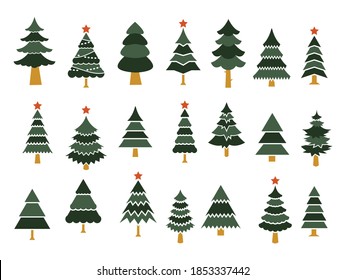 Set of different fir trees. Tree Merry Christmas Icon. Vector template for design, greeting card, invitation. Happy New Year concept. Vector illustration. Festive Christmas trees.