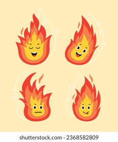 Set of different fire concept. Emoji and stickers for social networks and messengers. Feelings and moods, facial expression. Cartoon flat vector collection isolated on yellow background