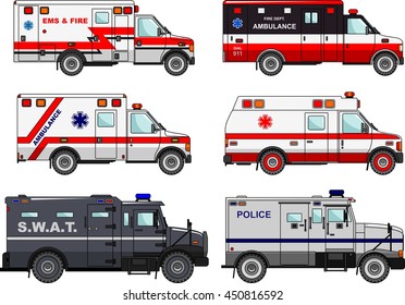 Set Of Different Fire Truck, Police And Ambulance Cars In Flat Style Isolated On White Background. Differences  Vector Silhouette Illustration Of Special Machines