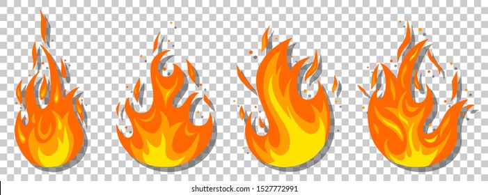 Set of different fires in cartoon style. Collection of red, orange flames. Danger situation and problems concept. Isolated on transparent background.