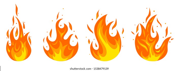 Set of different fires in cartoon style. Collection of red, orange flames. Danger situation and problems concept. Isolated on white background.