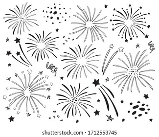 Set of different fireworks. Hand drawn black and white vector sketch illustration