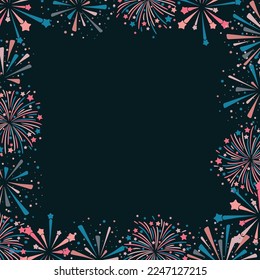 Set of different fireworks isolated on dark background. Red and blue colours fireworks different forms and designs