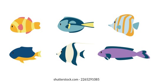 Set of different fish in flat style. Beautiful underwater inhabitants.