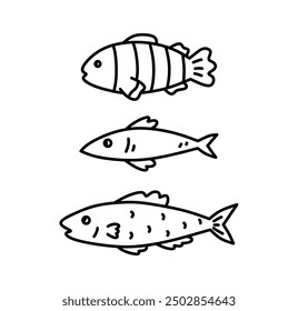 A set of different fish isolated on a white background. Vector hand-drawn illustration in doodle style. Perfect for logo, various designs. Underwater world.