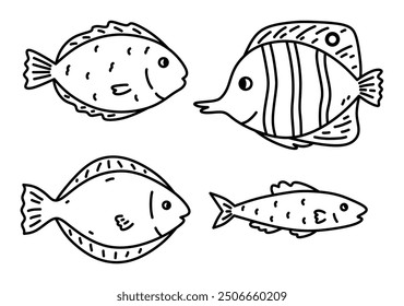 A set of different fish isolated on a white background. Vector hand-drawn illustration in doodle style. Perfect for logo, various designs. Underwater world.