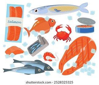 Conjunto de diferentes produtos de peixe em estilo cartoon. Ilustração vetorial de delicioso: salmão, comida enlatada, espadilhas, sardinhas, caviar vermelho, caranguejo, camarão, bife de peixe vermelho, isolado em um fundo branco.