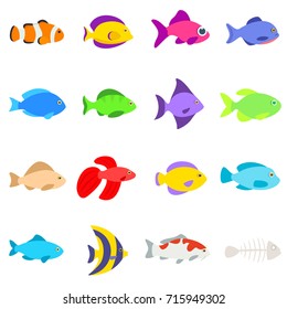 Set of different fishes. Collection of aquarium and tropical fish. Isolated vector illustration.