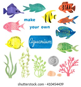 Set of different fishes and decorations for making your own aquarium. Watercolor vector illustration. Tropical fish and plants isolated on white background. Colorful icons. 