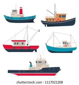 Set of different fishing boats and tug boats. Vector illustration on white background