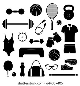 Set of different fitness equipment on white background.Vector illustration.