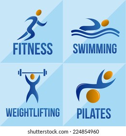 a set of different fitness related elements on a white background