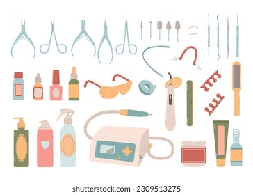 Set of different flacons, sprays, devices, scissors, clippers, instruments, attachments for nail treatments. Design products for podology and pedicure in colorful flat vector illustration.
