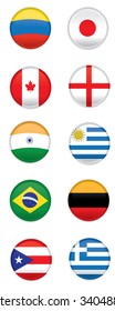 Set of different flags on round badges on a white background