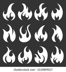 Set of different flames icons. Collection of white fire silhouettes in cartoon style. Isolated on black background.